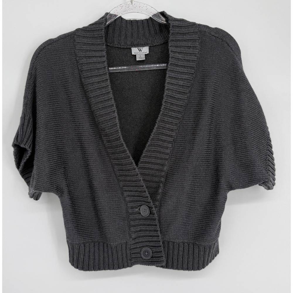 Worthington Womens Gray Cropped Cardigan Short Dolman Sleeve Button Front Sz L